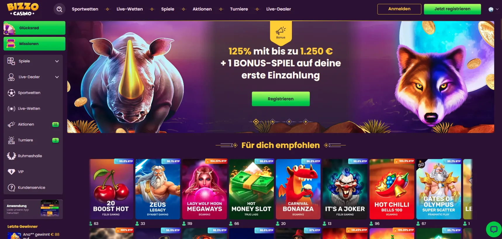 Bizzo Casino Screen